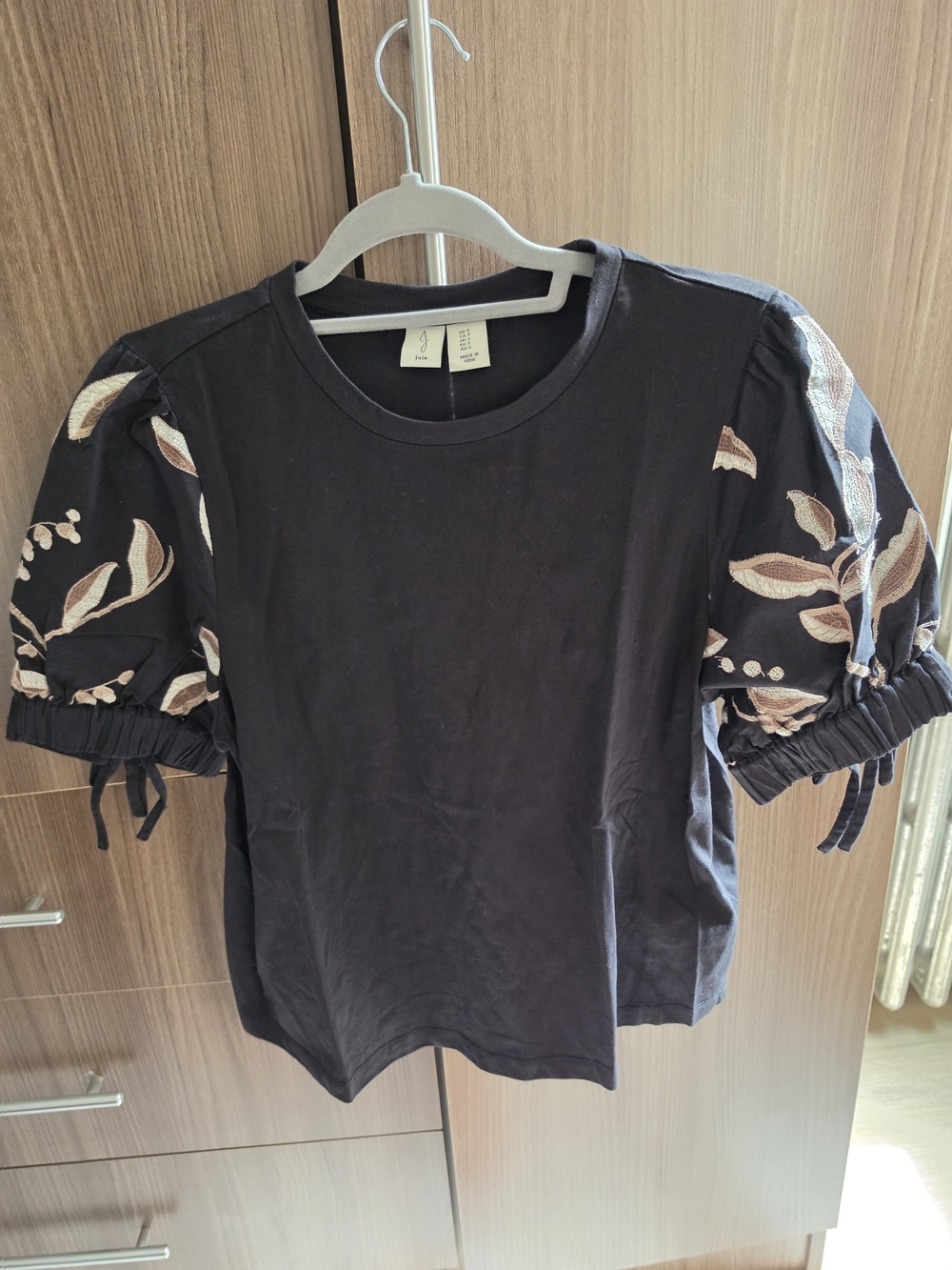 Joie Black Short Sleeve Tee with Cream & Tan Embroidered Puff Sleeves